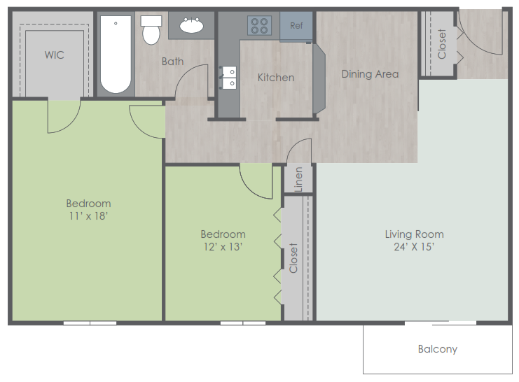 Floor plan for 2 beds, 1 bath, 900 sqft